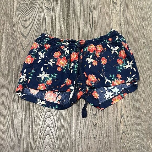Roxy Shorts Floral Drawstring Waist Viscose Navy Red White Large - Picture 1 of 8